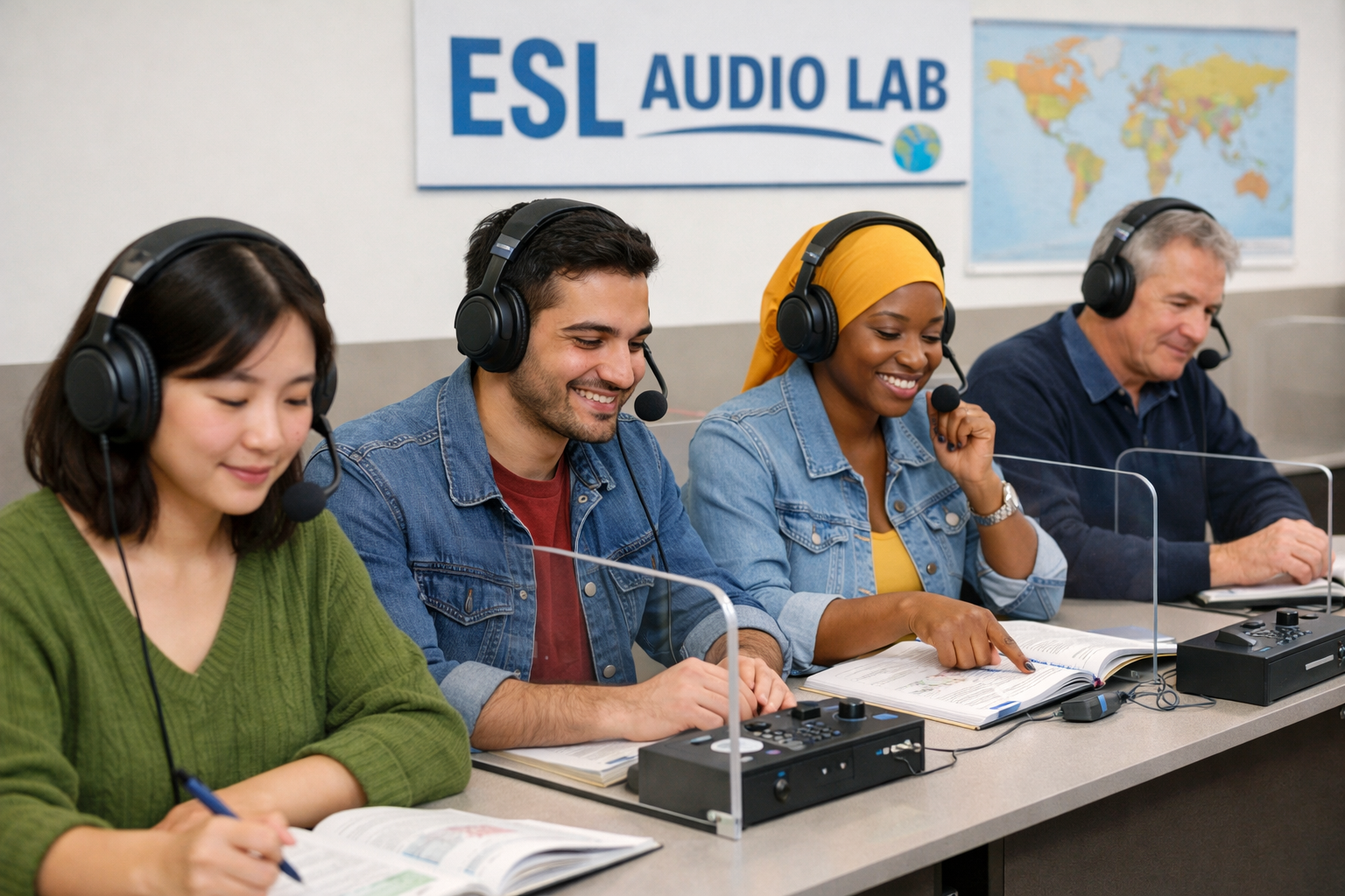 esl students in audio lab practice